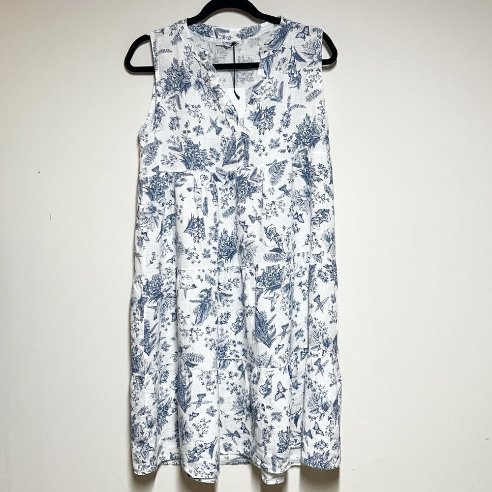 NWT Rosemarine  Italy Pure Linen white and blue floral print tiered  dress Sz S